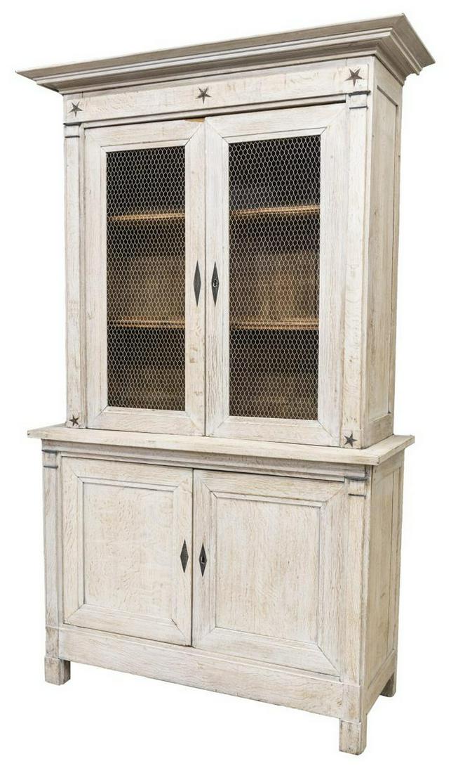 FRENCH WHITE PAINTED DISPLAY W/ WIRE MESH DOORS: French painted display cabinet, in two sections, late 19th c., in later white paint, having cornice top, over frieze with inlaid stars, double doors with later wire mesh panels, opening to interior sh