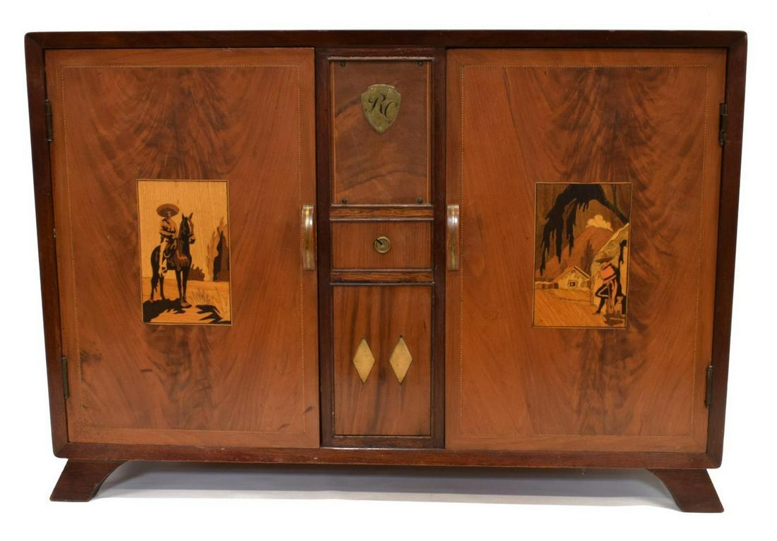 VINTAGE JESUS SALMON MARQUETRY BAR CABINET, MEXICO: Vintage tequila bar cabinet, first half 20th c., J. Jesus Salmon Chavez (1894-1966), Guadalupe, Zacatecas, Mexico, having two doors with marquetry village scenes, including figure on horseback, openin