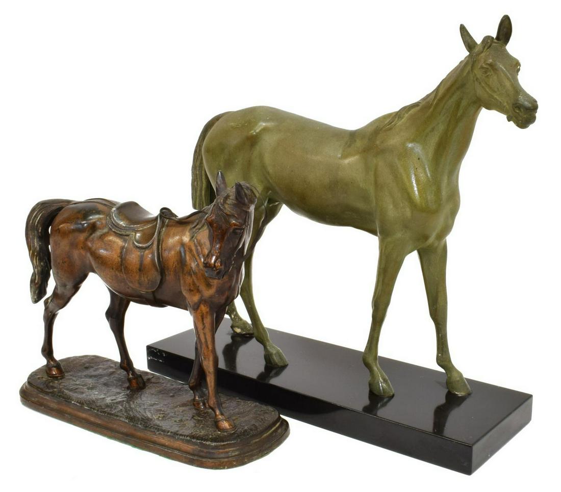 (2) FRENCH CAST METAL HORSE FIGURES: (lot of 2) French spelter horse figures, early 20th c., including: (1) in a verde patina, standing on black stone base, fracture to base, approx 10.5"h, 11.5"w, 3.75"d; (1) in a bronze finish, standin