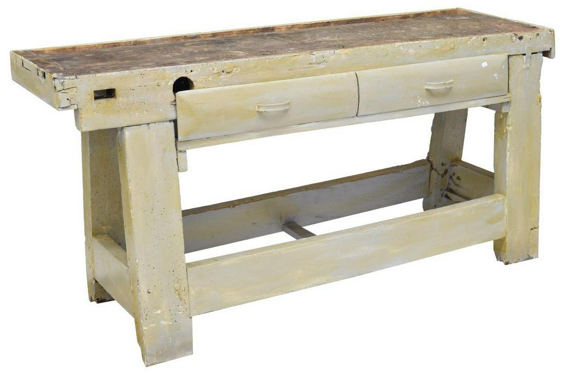 VINTAGE CRAFTSMAN'S PAINTED WORK BENCH TABLE: Craftsman's painted work bench table, early 20th c., rectangular work surface with trough, over two drawers, rising on plank legs, joined by a box stretcher, approx 32.5"h, 64.25"w, 21"d Start Price: