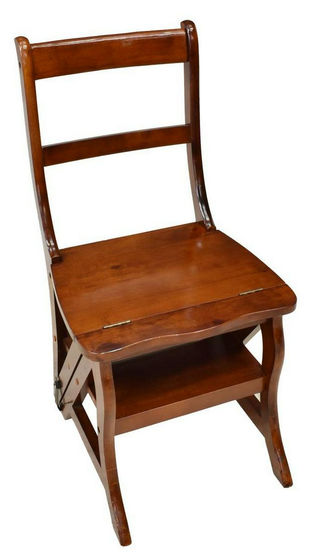 ENGLISH MAHOGANY METAMORPHIC LIBRARY LADDER CHAIR: English mahogany metamorphic library chair, 20th c., having two-rung ladder back, over plank seat, rising on stretcher-joined legs, hinge in seat allows it to convert to step ladder, approx 33.5"h, 17