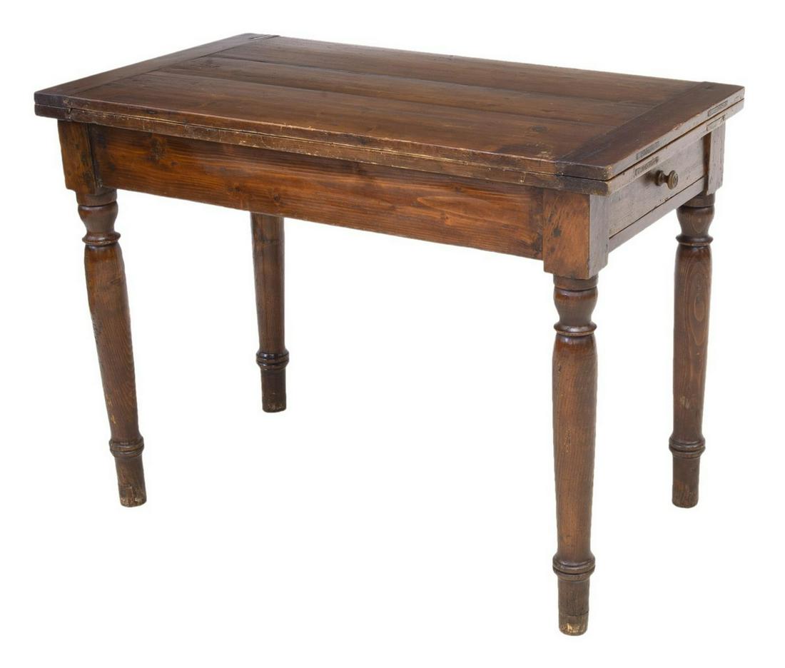 ITALIAN FLIP-TOP PINE KITCHEN TABLE: Italian flip-top pine kitchen table, 19th c., rectangular hinged top over single frieze drawer, rising on four turned legs, approx 31.5"h, 23.25"w, 41.5"d; open: approx 30.25"h, 41.5"w, 46.75"d Start 