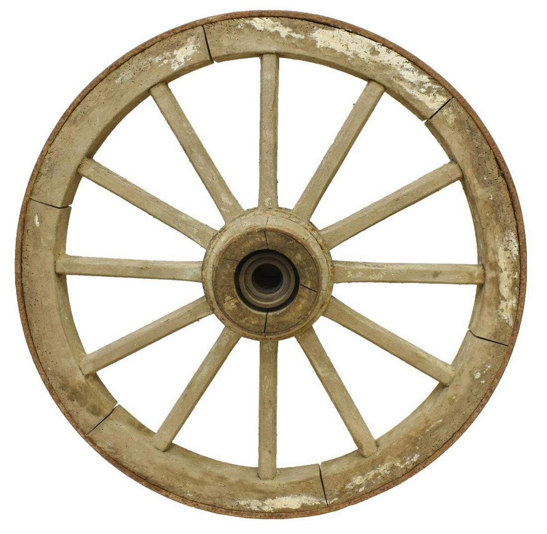 WHITE PAINTED SPOKED WAGON WHEEL, 31.75"DIAM: Spoked wagon wheel, in white paint, approx 31.75"diam Start Price: $50.00