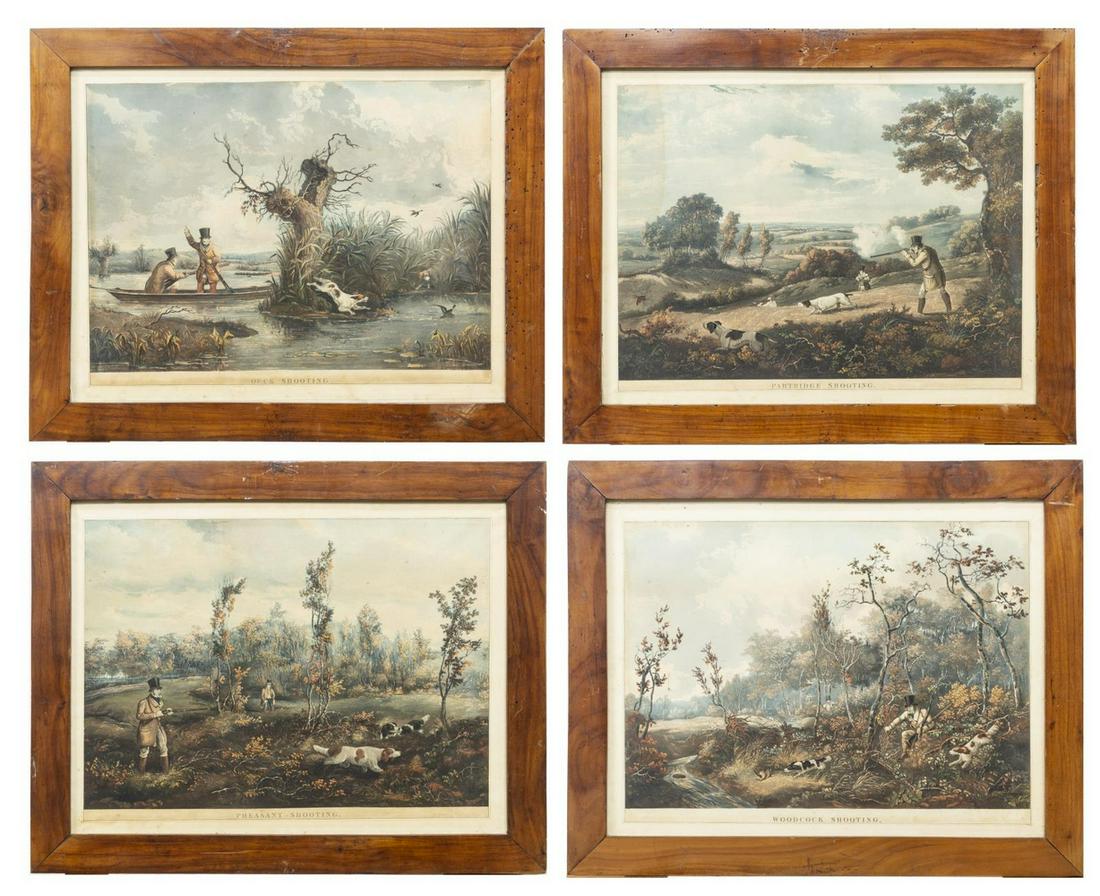 (4) FRAMED ENGLISH HUNTING SHOOTING ETCHINGS: (lot of 4) Framed aquatint etchings on paper, four shooting scenes, after Samuel John Egbert Jones (United Kingdom, 1797-1861), including: (1) "Woodcock Shooting," (1) "Partridge Shooting," (1) "Duck 
