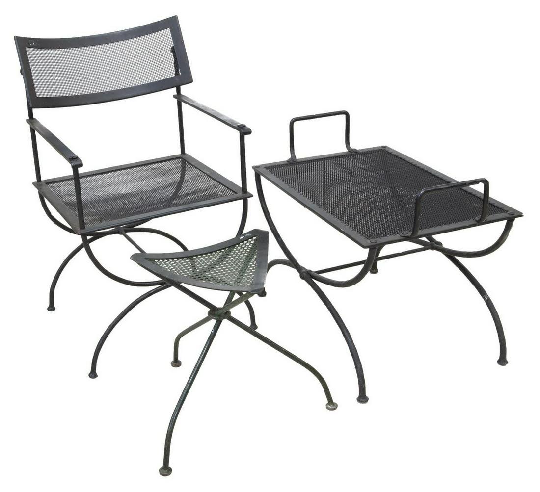 (3) FRENCH IRON CHAIR, TABLE & STOOL: (lot of 3) French iron furniture, 20th c., including: (1) stool, with triangular seat, rising on three legs, approx 17.5"h, 20.5"w, (1) table, rectangular top, with side handles, rising on curule x-fo