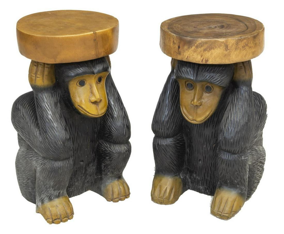 (2) HAND-CARVED WOOD MONKEY SIDE TABLES: (pair) Hand-carved figural side tables, 20th c., with circular top above polychrome painted monkey shaped base, (one) with split to wood at top and base, approx 20"h, 10"w, 10"d Start Price: $80.00