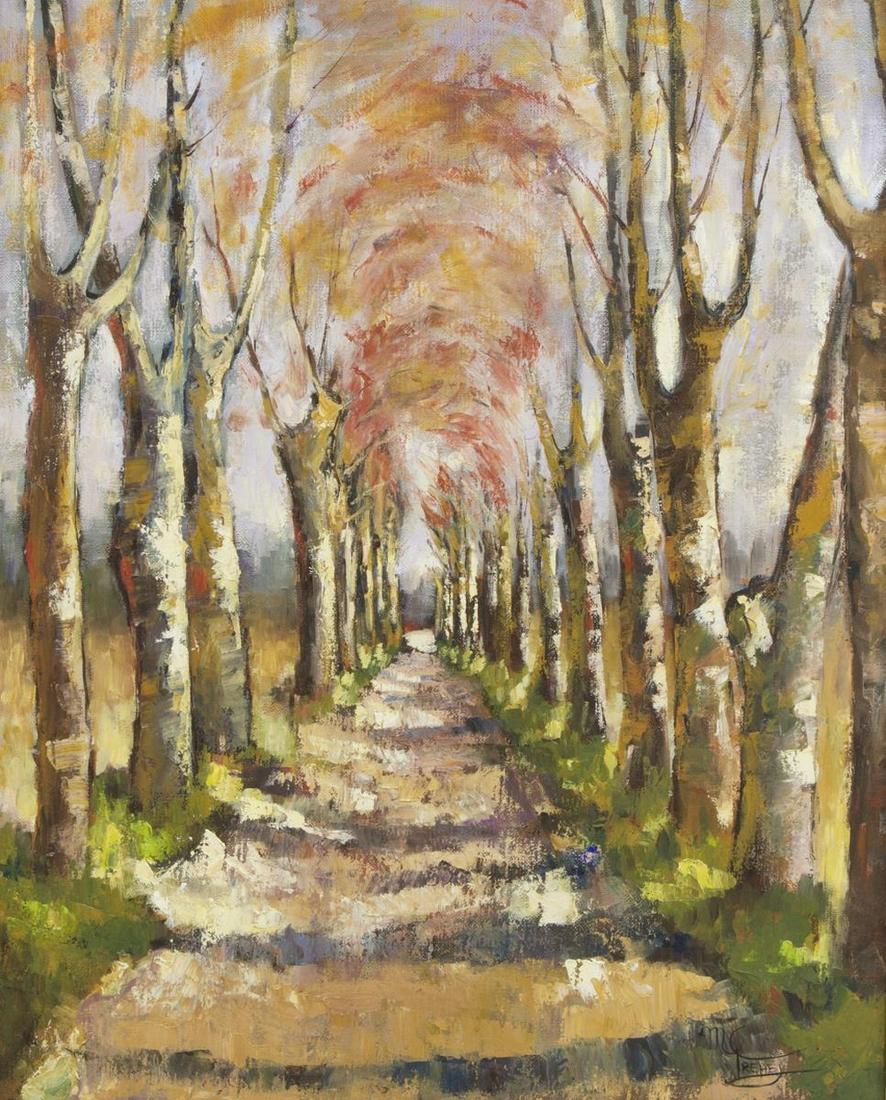 MARIE-CLAUDE TREHET (B.1943) TREE-LINED PATH: Framed oil on canvas painting, Tree-Lined Path, signed lower right M.C. Trehet (Marie-Claude Trehet, France, b.1943), signed again verso, sight: approx 28"h, 23"w, overall: approx 37"h, 32"w, 10.25lbs