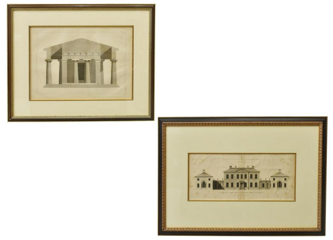 (2) FRAMED ENGLISH ARCHITECTURAL ENGRAVINGS: (lot of 2) Framed engravings on paper, including (1) "North Elevation of Crownest House, near Halifax, in Yorkshire, the Seat of William Walker, Esq., Thomas Bradley, Architect," engraved and publishe