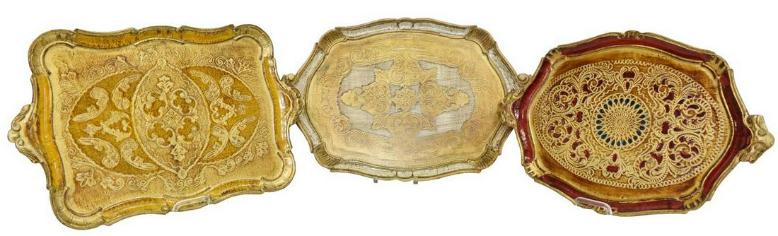 (3) ITALIAN FLORENTINE PARCEL GILT SERVICE TRAYS: (lot of 3) Italian Florentine parcel gilt service trays, 20th c., of varied colors and design, largest: approx 21.75"l, 14"w; 3.5lbs total **Provenance: from a private Austin, Texas estate collection*