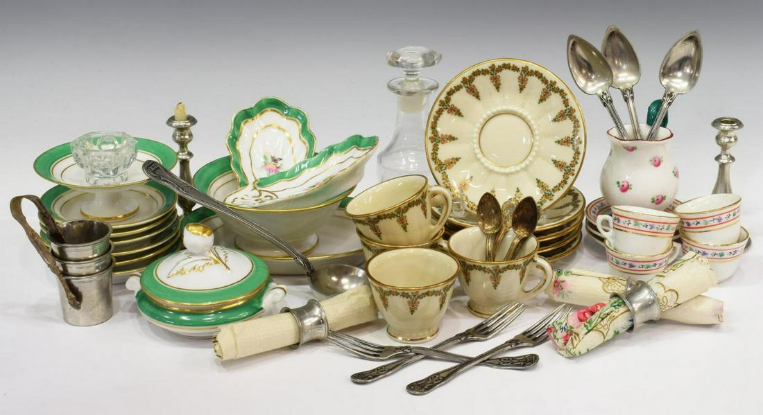 FRENCH CHILD'S MINIATURE TEA SETS, TABLE ITEMS: (lot) Collection of French porcelain child's miniature tea sets and miniature table items, having varied makers and patterns, highlights include: (2) old Paris shell form relish dishes; (9) Limoges te