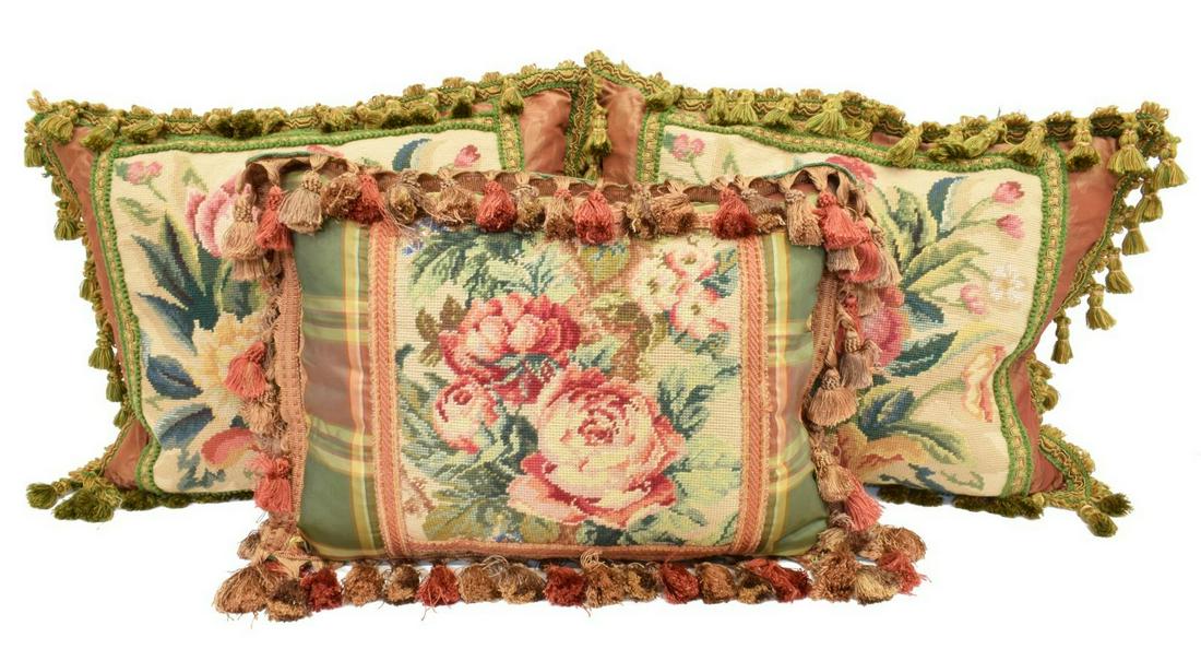 (3) COLLECTION OF FLORAL TAPESTRY THROW PILLOWS: (lot of 3) Collection of floral tapestry throw pillows, down filled, of similar style, each with tapestry panel at center of one side, accented by tassel trim, (one) with some pulls, largest: approx 2