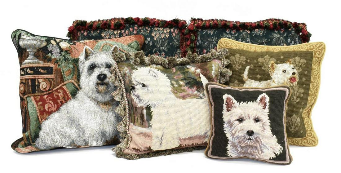 (6) COLLECTION OF DECORATIVE TAPESTRY PILLOWS: (lot of 6) Collection of decorative tapestry pillows, including: (4) having similar dog motifs, (two) down filled, (one) signed, (one) retaining interior tag Yu's Enterprise; (2) with floral decoratio