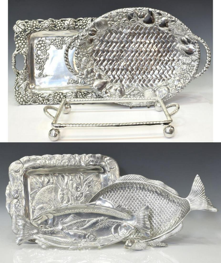 (7) ARTHUR COURT & LENOX ALUMINUM TRAYS TABLEWARE: (lot of 7) Aluminum tableware, all signed including: (1) large rectangular tray with repousse bunnies, marked Walter Court 1986; (2) fish platters, (one) marked Arthur Court 1993 underfoot, (one) with