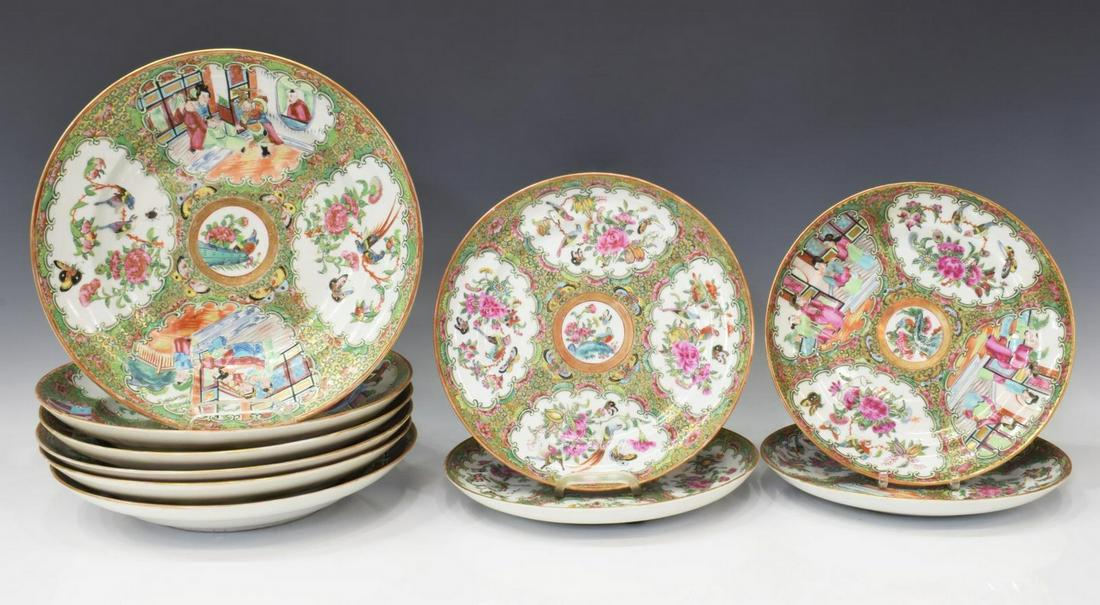 (16) CHINESE ROSE MEDALLION PORCELAIN TABLEWARE: (lot of 16) Chinese rose medallion porcelain tableware, similarly styled, gilt ground with green and pink flowers and foliates, alternating enameled reserves of courtly figures and birds on floral bra