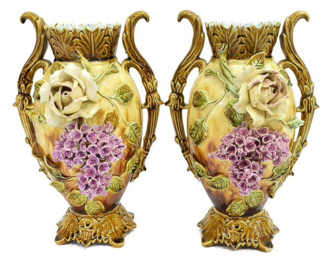 (2) FRENCH BARBOTINE MAJOLICA FLOWER VASES (1 of 6)
