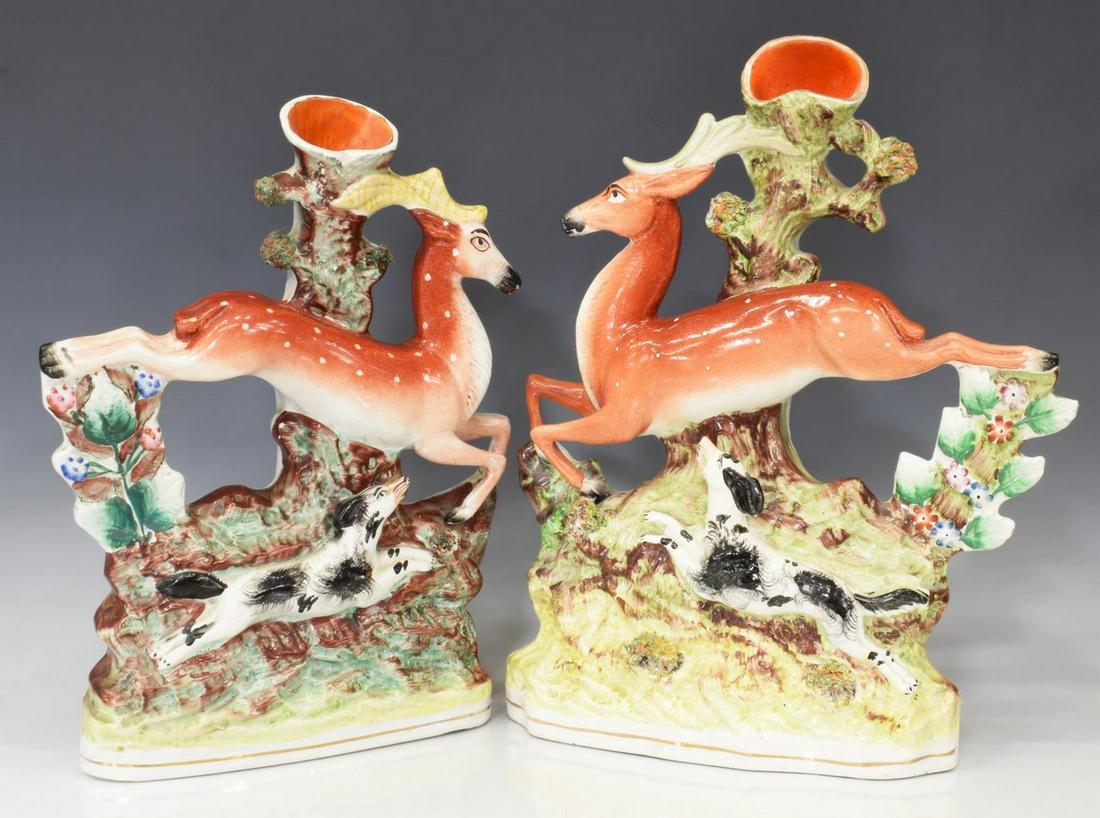 (2) ENGLISH STAFFORDSHIRE STAG & DOG SPILL VASES (1 of 5)