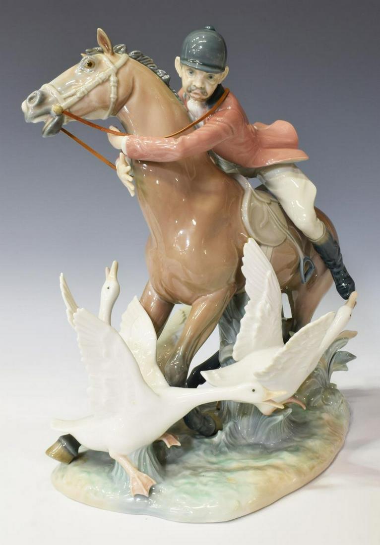 LLADRO PORCELAIN FIGURE ON HORSEBACK: Lladro porcelain figure group, "The Race," model 1249, designed by Julio Fernandez, issued c.1974, modeled as a rider on horseback, with three geese, marked underfoot, approx 12.5"h, 13.5"w, 7.25"d, 7