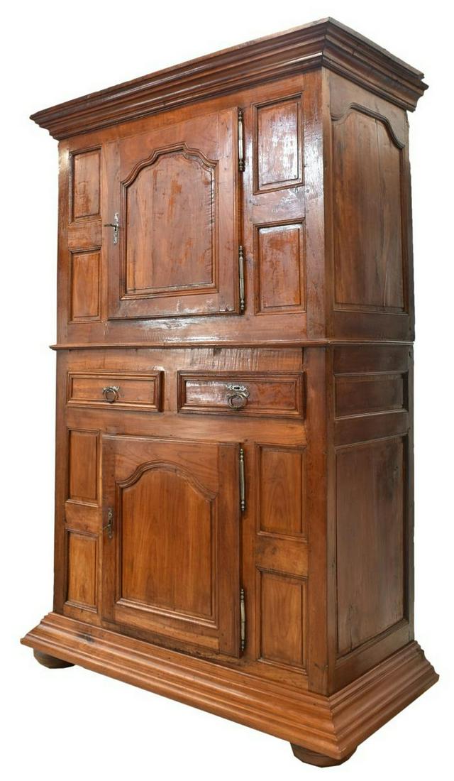 FRENCH LOUIS XIV STYLE HOMME DEBOUT CABINET: French Louis XIV style homme debout cabinet, early 19th c., cornice top, above upper cabinet with center door, lower case fitted with two drawers over additional center cabinet, stepped base rising on