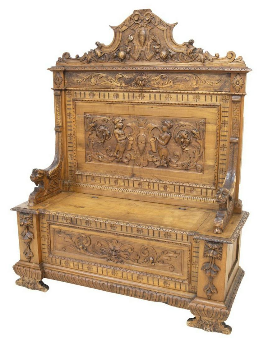 ITALIAN RENAISSANCE REVIVAL WELL CARVED HALL BENCH (1 of 4)
