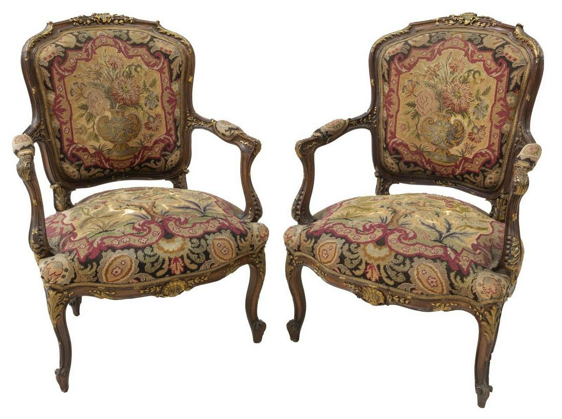 (2) FRENCH LOUIS XV STYLE NEEDLEPOINT FAUTEUILS (1 of 3)