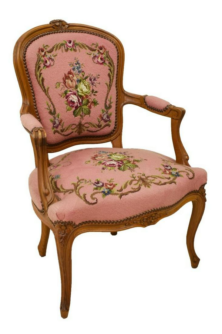 FRENCH LOUIS XV STYLE NEEDLEPOINT FAUTEUIL (1 of 3)