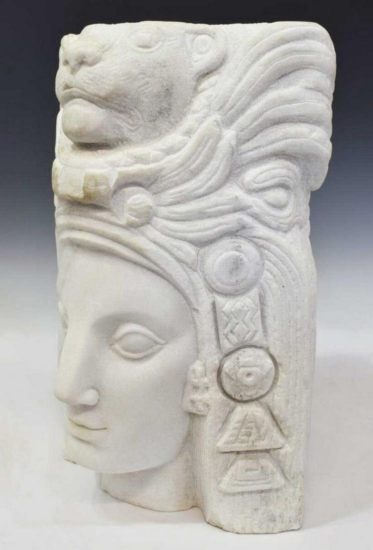 ART DECO AZTEC REVIVAL CARVED MARBLE FEMALE BUST (1 of 4)