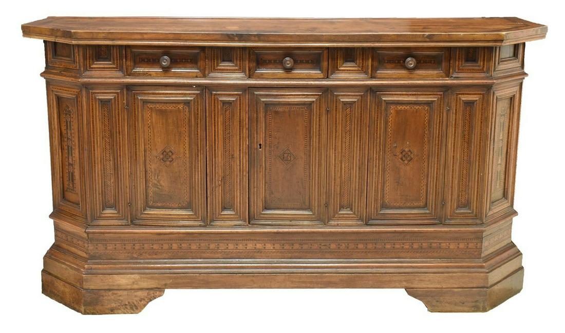 FLORENTINE PARQUETRY INLAID SIDEBOARD: Florentine sideboard with contrasting string and parquetry inlays throughout, 19th c., the paneled case with three drawers above a three door cabinet fitted with one shelf, slight loss to inlay, fille
