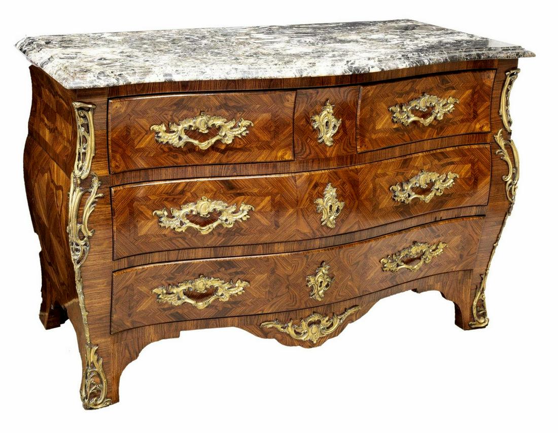 FRENCH REGENCE STYLE MARBLE-TOP PARQUETRY COMMODE (1 of 5)
