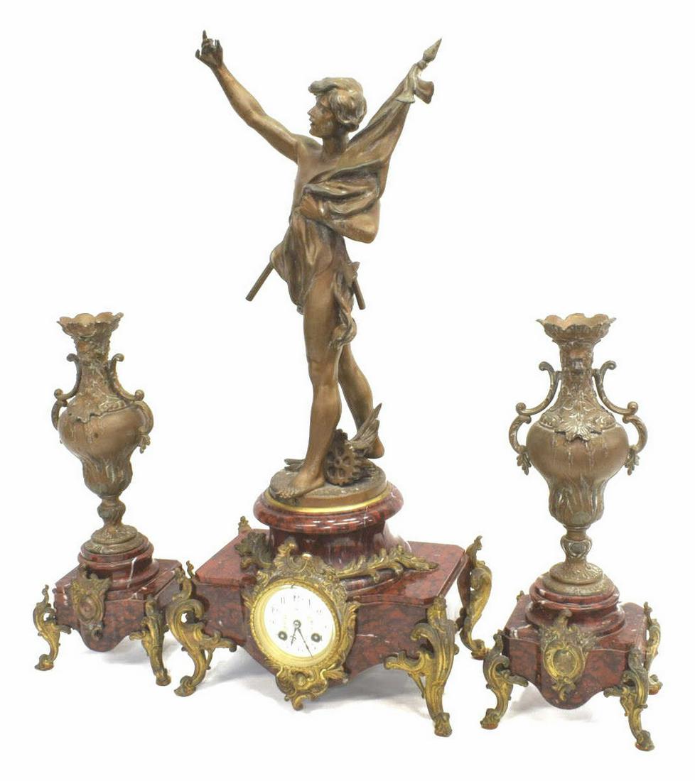 (3) FRENCH FIGURAL MANTEL CLOCK & GARNITURES (1 of 8)