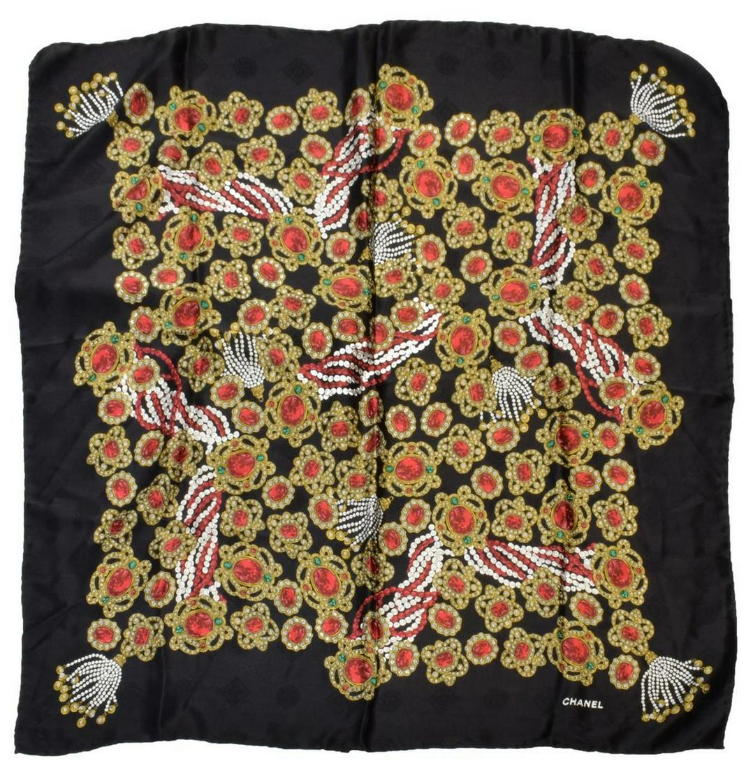 CHANEL PRINTED SILK SCARF, JEWELS ON BLACK GROUND (1 of 2)