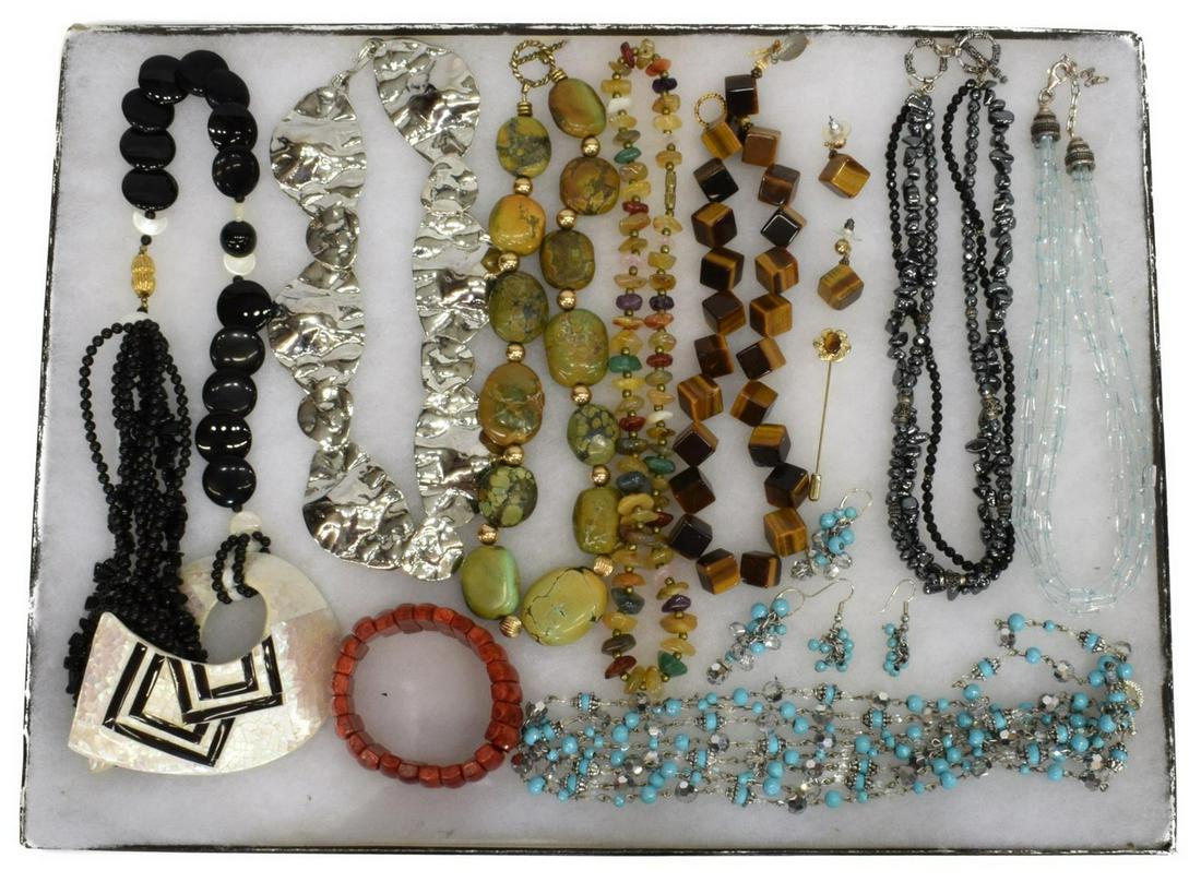 HUGE LOT SEMI-PRECIOUS STONE & COSTUME JEWELRY: (lot) Collection of necklaces, bracelets and earrings (for pierced ears), various materials, style and designs, highlights include: (1) turquoise beaded necklace, (1) tigers eye cube necklace with (pa