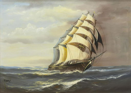Framed Oil Painting Ship At Sea Signed Range Aug 25 2019