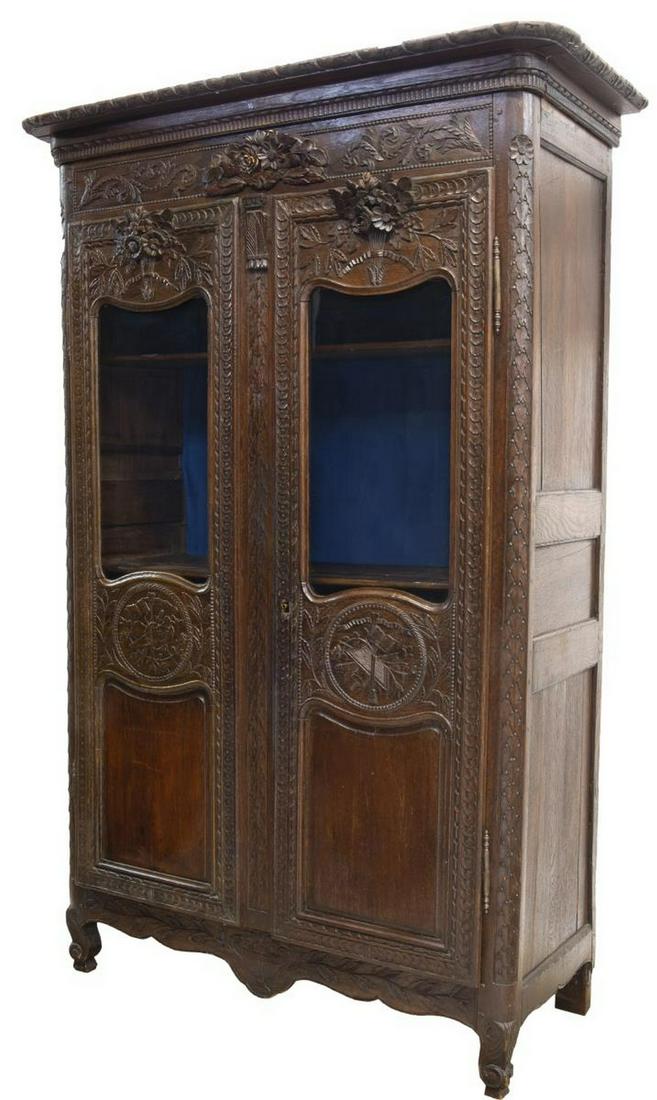 FRENCH LOUIS XV STYLE CARVED OAK ARMOIRE BOOKCASE (1 of 5)