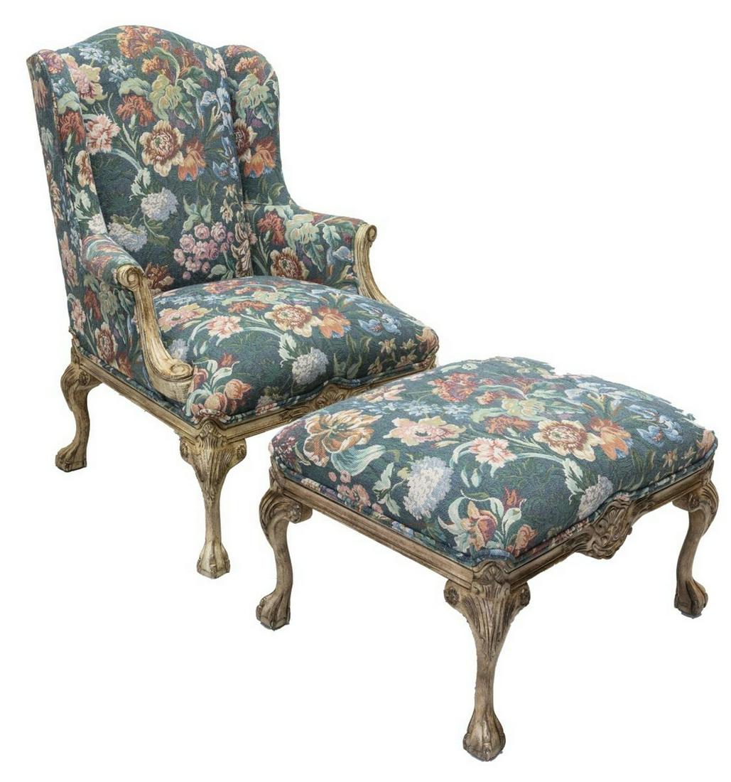(2) CHIPPENDALE STYLE WINGBACK ARMCHAIR & OTTOMAN (1 of 4)