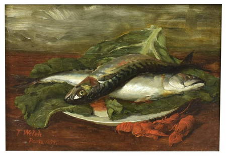 THADDEUS WELCH (1844-1919) FISH & CRAWFISH, 1879: Framed oil painting on board, Seafood. signed, dated at Paris,1879, T. Welch (Thaddeus Welch, California, Indiana, 1844-1919), sight: 10.5"h, 15.25"w, overall: 17.25"h, 21.75"w, 4.90lbs Start Price: $