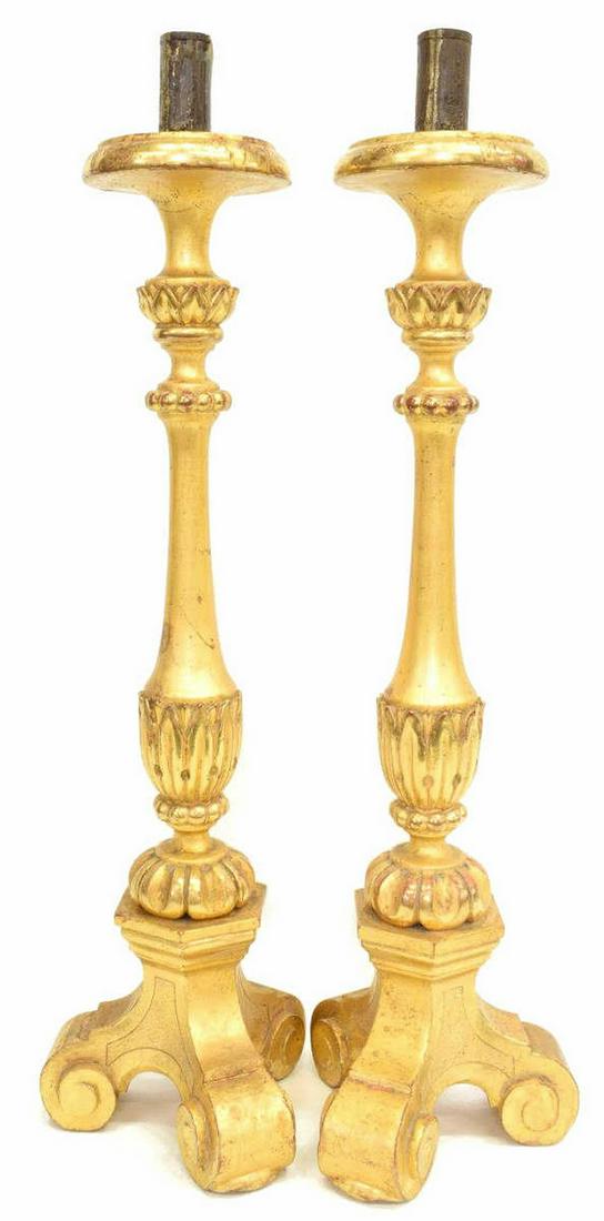 (2) GILTWOOD ALTAR CANDLE PRICKETS CANDLESTICKS (1 of 3)