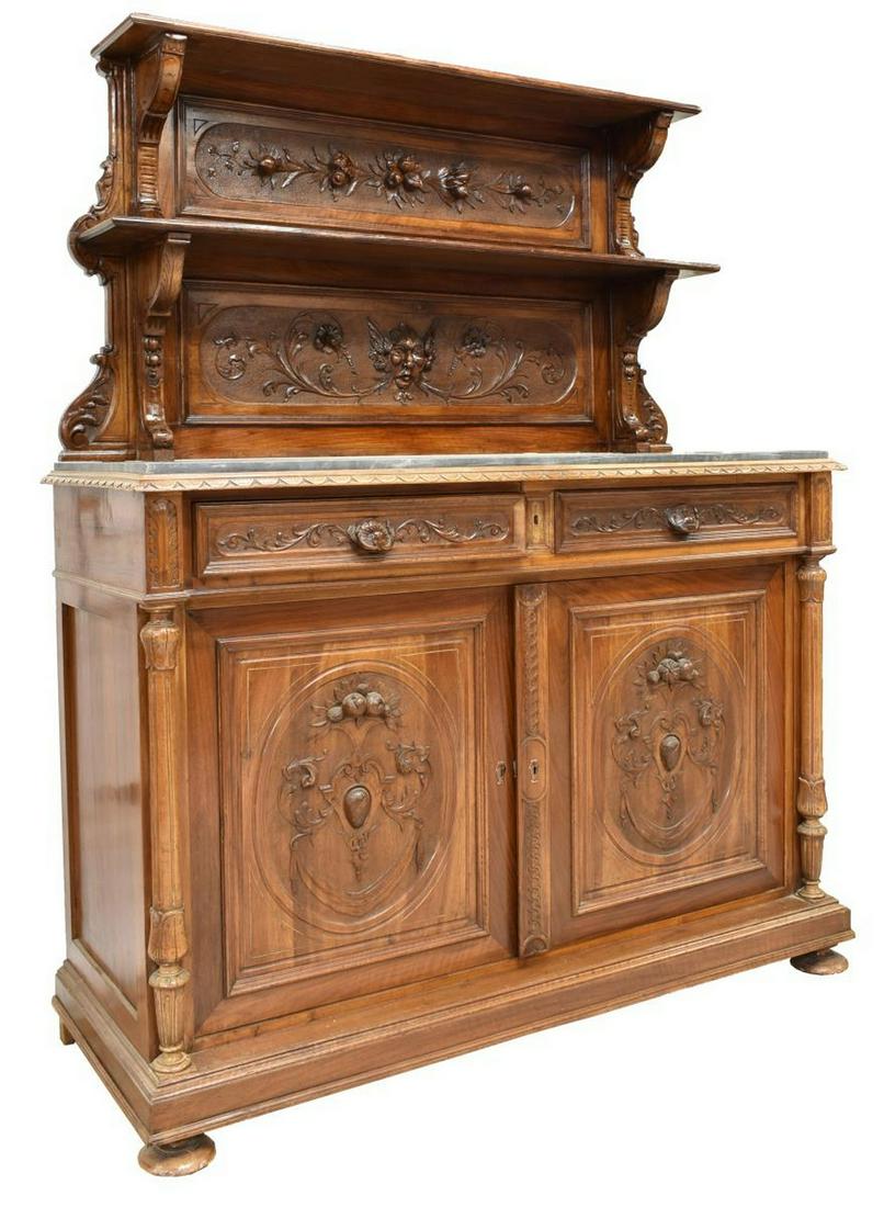 FRENCH HENRI II STYLE MARBLE-TOP WALNUT SIDEBOARD (1 of 5)