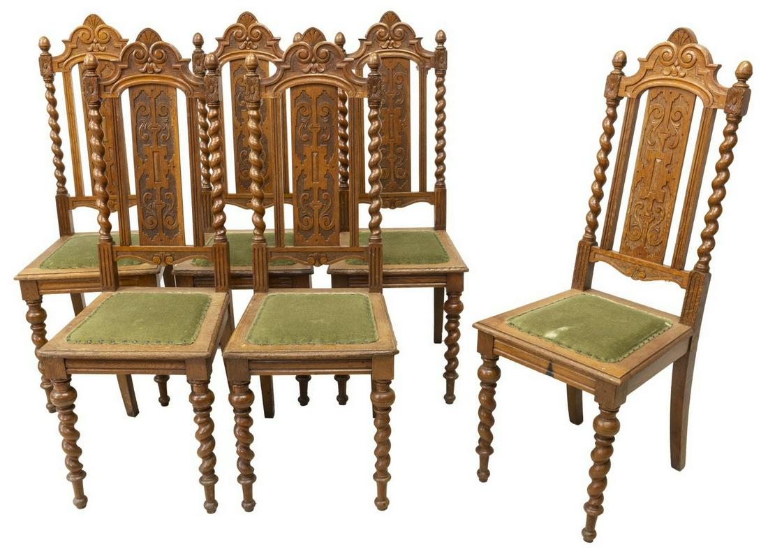 (6) HEAVILY CARVED UPHOLSTERED OAK DINING CHAIRS (1 of 2)