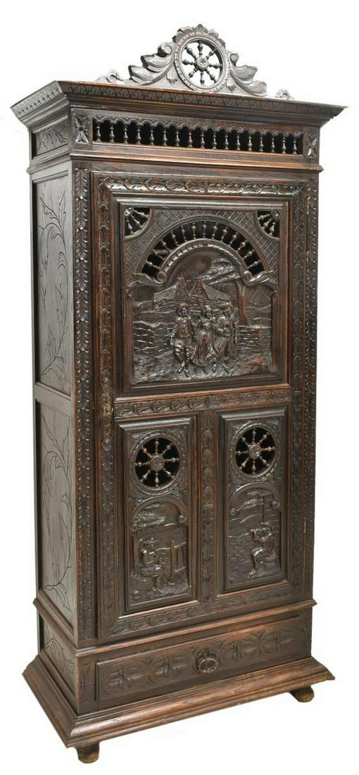 FRENCH BRETON CARVED OAK BONNETIERE CABINET (1 of 6)