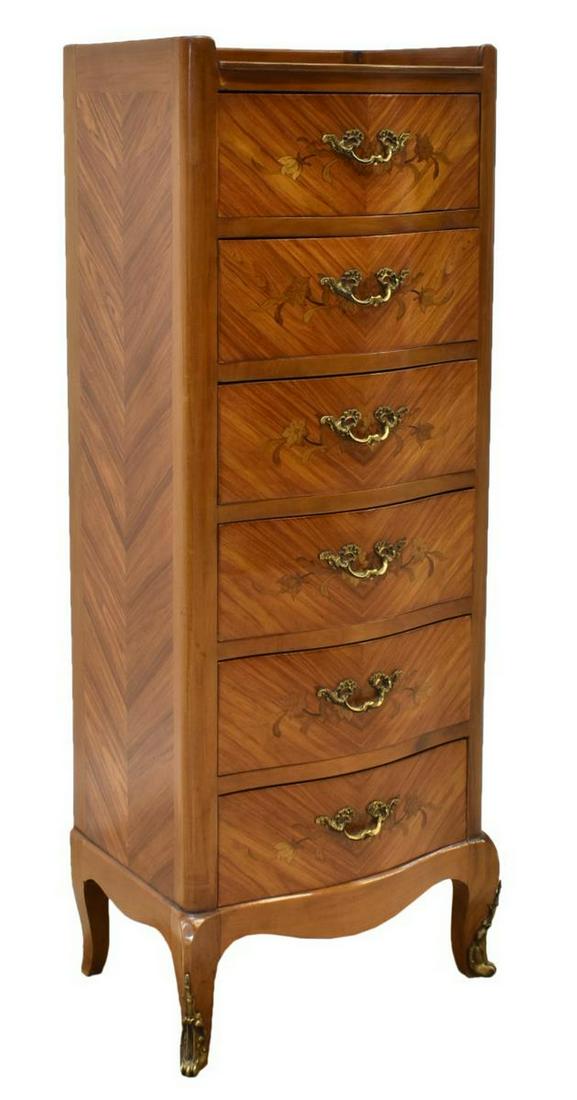LOUIS XV STYLE FLORAL MARQUETRY TALL COMMODE: Louis XV style tall commode, early 20th c., top with partial gallery, over tall rectangular case, fitted with six drawers, drawer fronts with floral marquetry, rising on cabriole legs, ending in gilt 