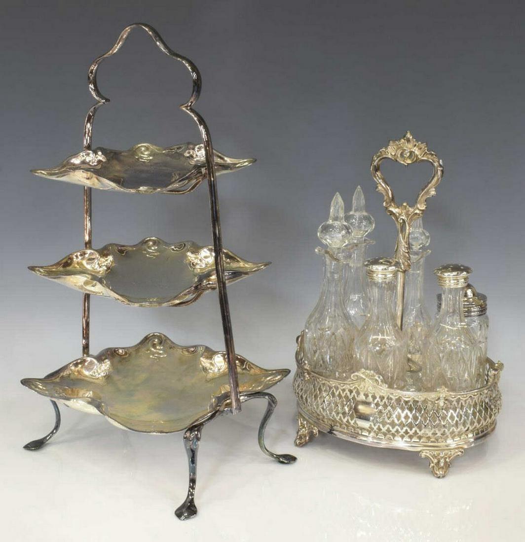 2) VICTORIAN SILVERPLATE CRUET SET & 3 CRANBERRY GLASS BRASS MARBLE VANITY