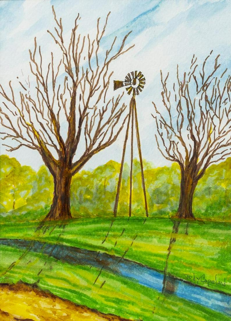 JUDY COPELAND (B.1943) "LONE WINDMILL" WATERCOLOR: Framed watercolor painting on paper, "Lone Windmill," signed lower right Judy Copeland (Texas, Louisiana, b.1943), titled verso, sight: 9.5"h, 7.5"w, 3.5lbs Start Price: $60.00