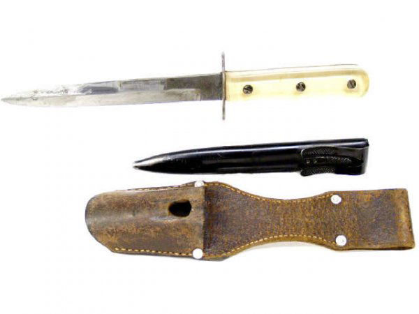 DAGGER & METAL SHEATH: Dagger, overall length 11", clear acrylic handle, metal sheath with belt clip, blade marked "5" within in a bell shape, possibly re-handled WWII soldier souvenir, comes with a leather sheath as shown