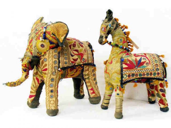 VINTAGE INIDA EMBROIDERED MIRRORED FABRIC ANIMALS: (lot of 2) Vintage India fabric elephant and horse over a rigid frame, each colorfully embroidered and set with mirrors and festive bead work, some wear and bead loss, largest 17"h x 6"w x 12"l, 8lbs