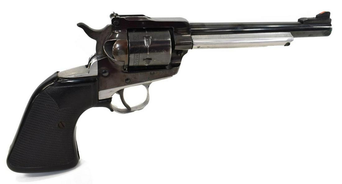 RUGER SINGLE SIX .22 MAGNUM REVOLVER: Ruger New Model Single Six revolver, .22 Win Mag caliber, single action, six round cylinder, 6.5" barrel, adjustable rear sight, black and nickel finish, Pachmayr Presentation hard rubber grips, leath
