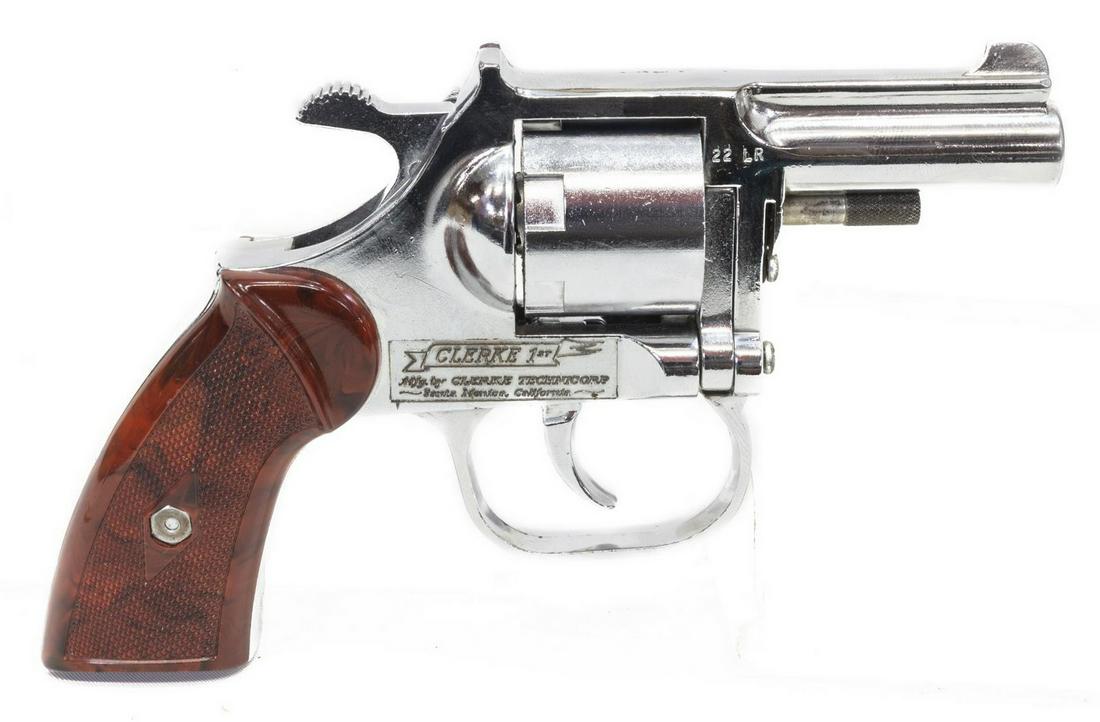 CLERKE 1ST REVOLVER, .22 LR CALIBER: Clerke 1st revolver, .22LR caliber, double action, six round cylinder, 2.1/8" round barrel, checkered plastic grips, chrome finish, SN 190211 *REQUIRES FFL TRANSFER* Start Price: $60.00