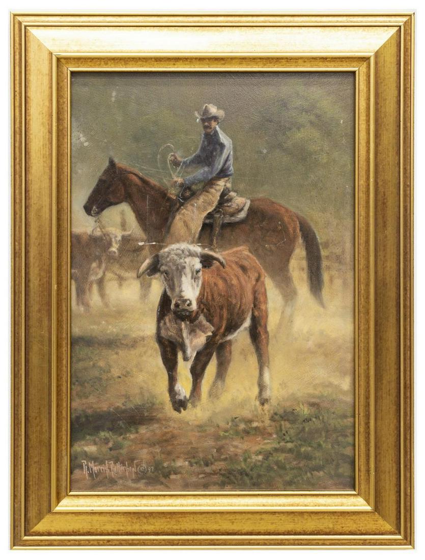 RICK PATTERSON (BL 1958) COWBOY & CATTLE PAINTING: Framed oil painting on masonite, "Hell Bound Hiefer" (sic), signed, dated 1997, lower left R. Morris Patterson (Rick Morris Patterson, Texas, Oregon, b. 1958), sight: 15.25"h, 10.25"w, overall: 20"h, 