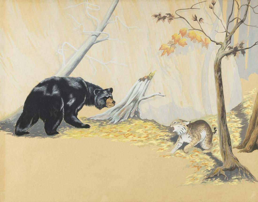 DOUGLAS LEO HOWLAND (1920-1999) BEAR & BOBCAT: Framed watercolor and gouache on paper board, Confrontation, Bear & Bobcat, signed lower right Howland (Douglas Leo Howland, New York, 1920-1999), sheet: approx 15.5"h, 20"w, frame: approx 20.25"h, 26
