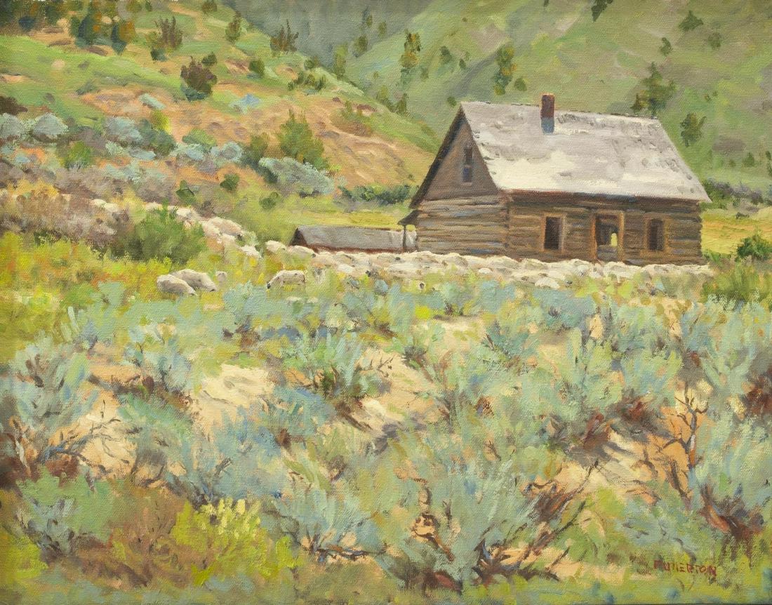 BYRON FULLERTON (TX, 1929-2011) 'THE SHEEP RANCH': Framed oil on canvas painting, "The Sheep Ranch," signed lower right Fullerton (Byron Fullerton, Texas, 1929-2011), Whit Hanks Antiques & Decorative Arts tag verso, sight: approx 13.75"h, 17.75"w, ove