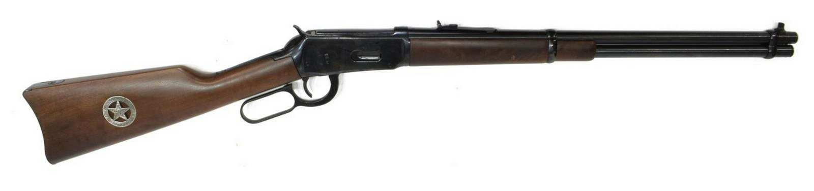 WINCHESTER M94 TEXAS RANGER SADDLE RING CARBINE: Winchester Model 94 Saddle Ring Carbine, Texas Rangers Commemorative, .30-30 caliber, lever action, 20" round barrel, tubular magazine, adjustable rear sight, select walnut stock inset at one side wit